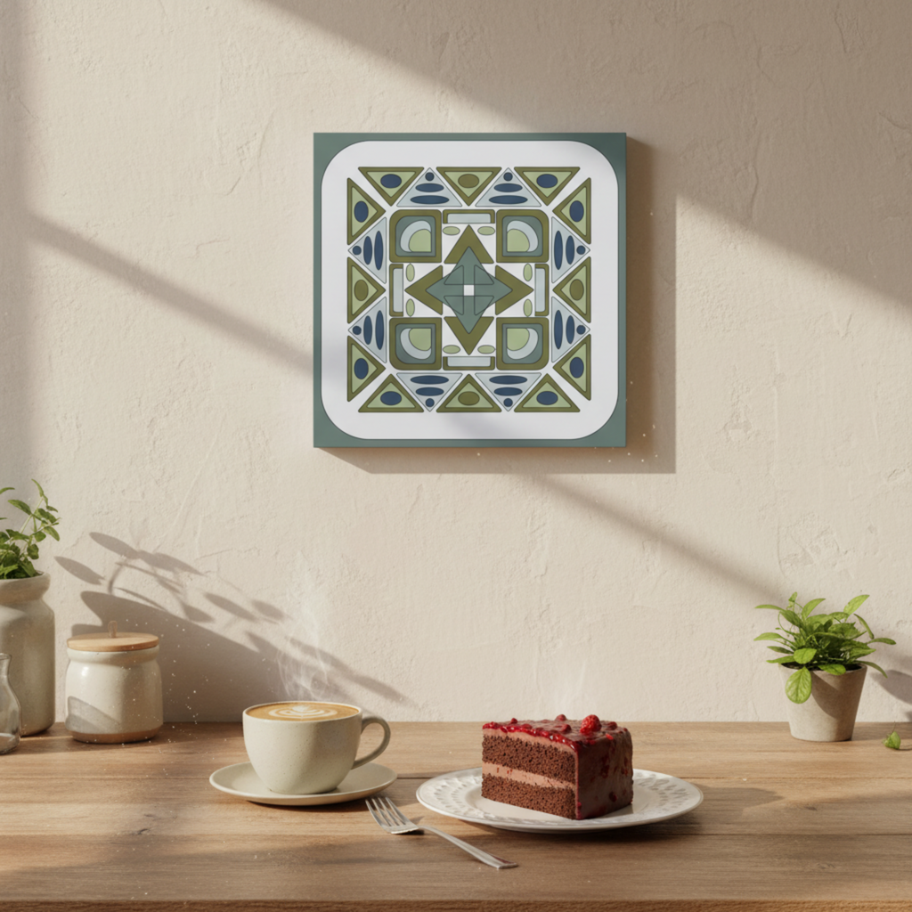 Decorative wall art piece on a wall above a wooden table with a cup of coffee and a slice of cake.