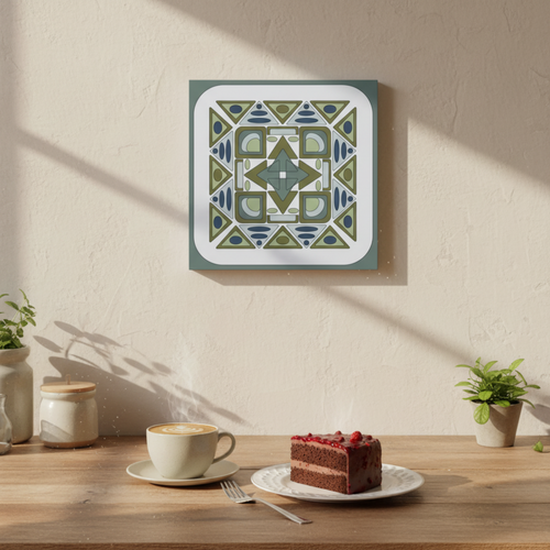 Decorative wall art piece on a wall above a wooden table with a cup of coffee and a slice of cake.