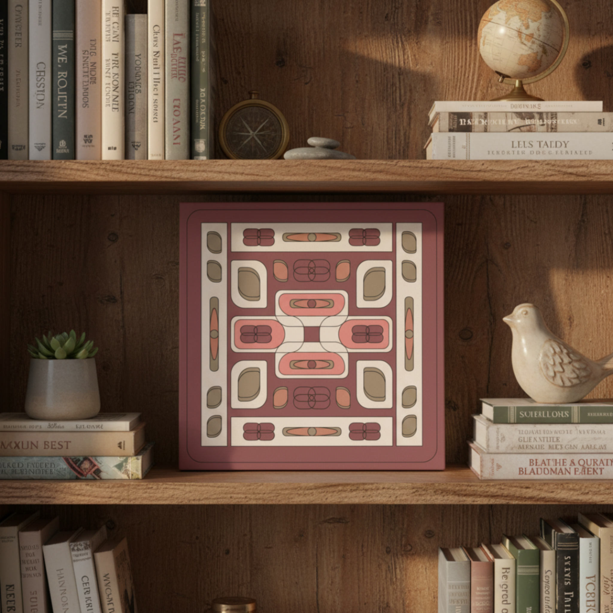 Retro geometric canvas print on bookshelf