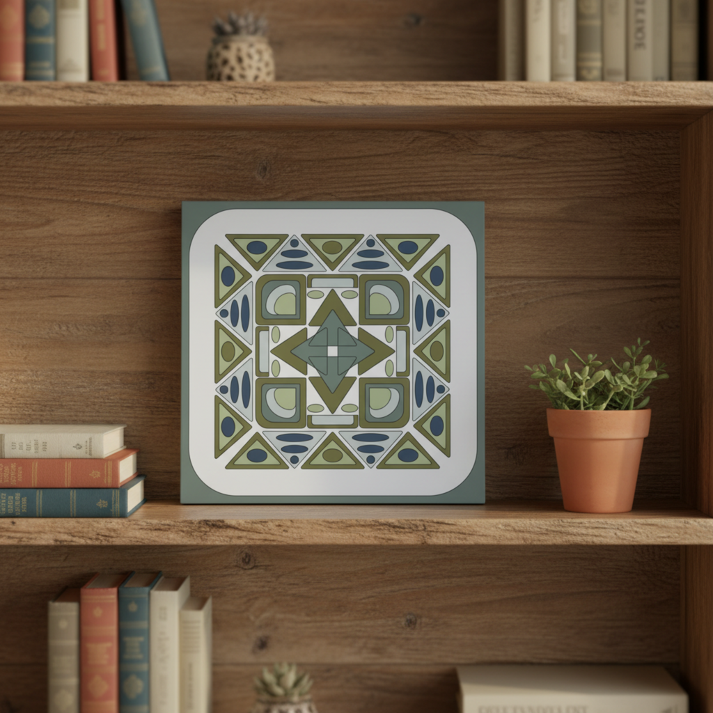 Framed geometric art piece on a wooden shelf with books and a plant.
