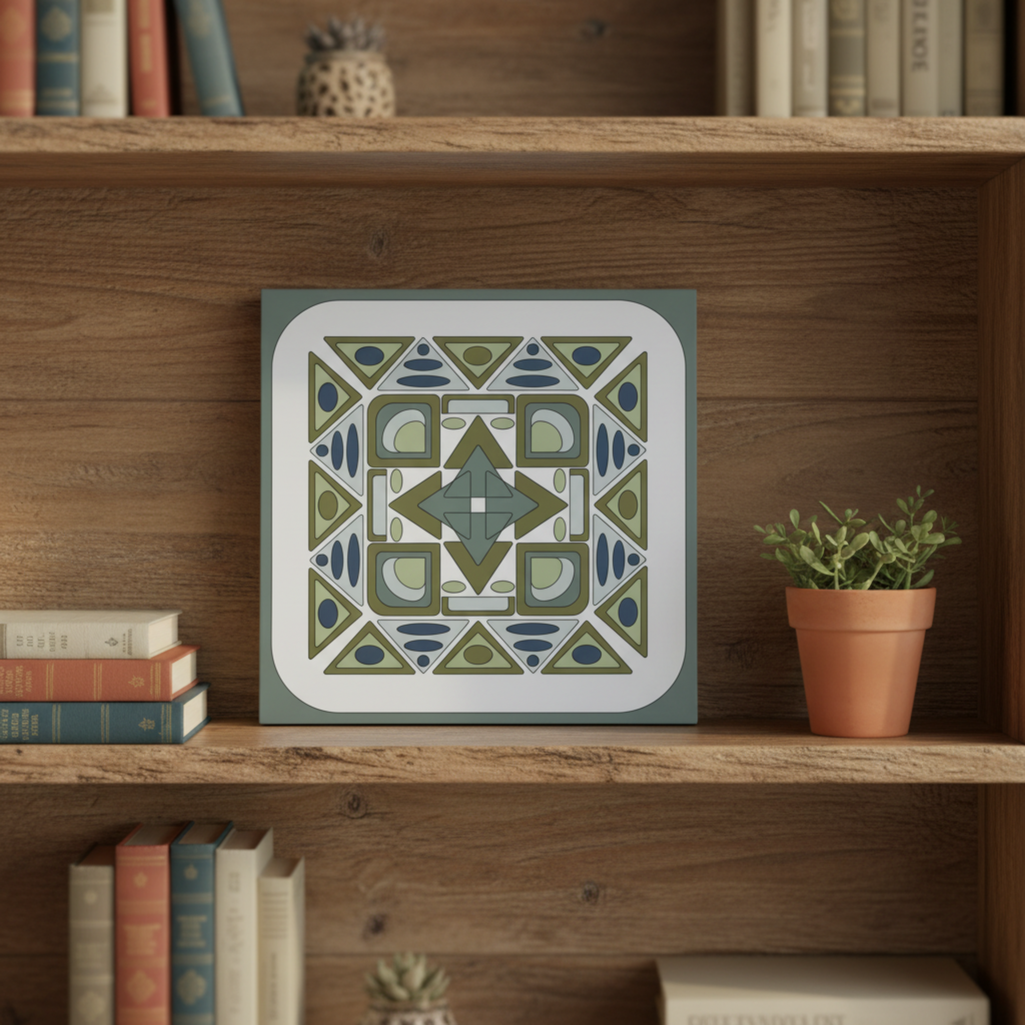 Framed geometric art piece on a wooden shelf with books and a plant.