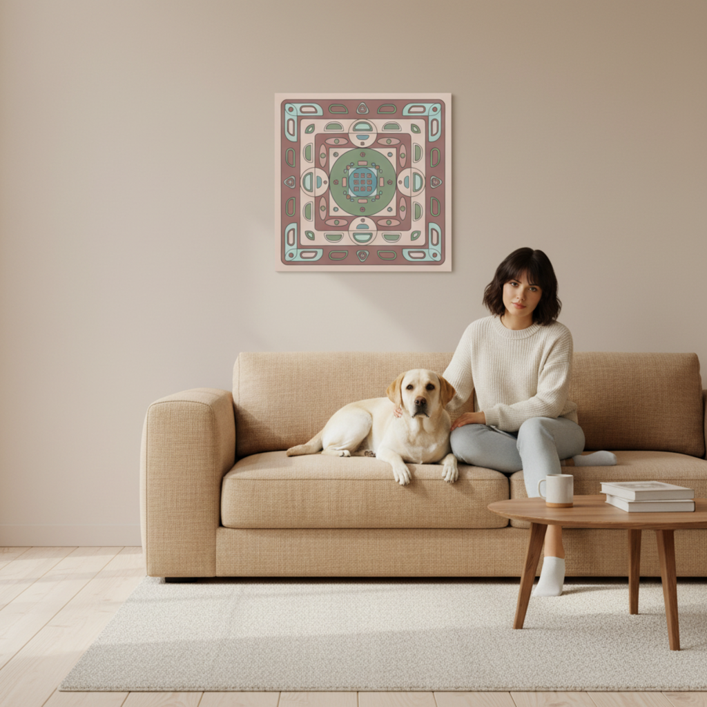 Geometric pink mauve canvas print in living room with dark-haired woman and Labrador, 16x16