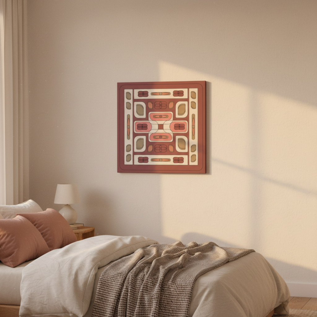 Retro geometric canvas print in bedroom with evening light
