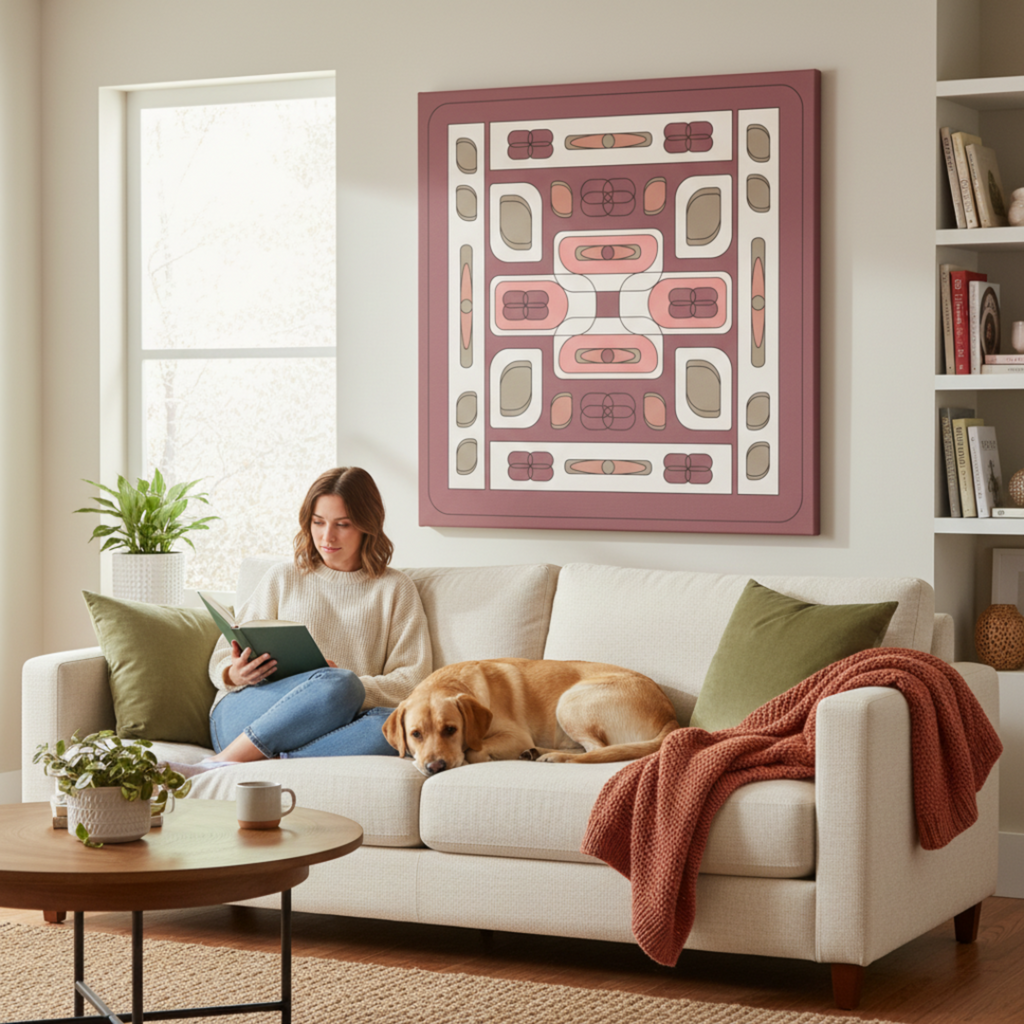 Retro geometric canvas print in living room with woman and labrador