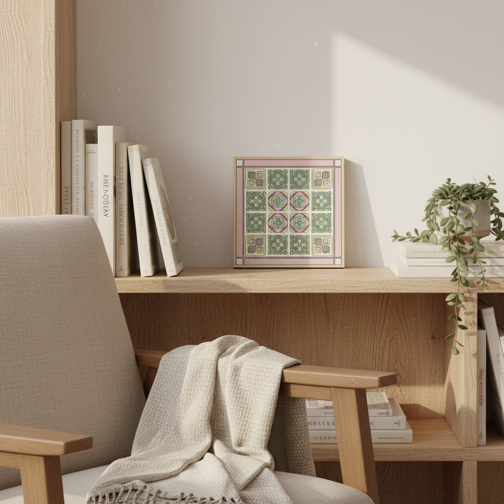 Geometric floral tile canvas print on bookshelf