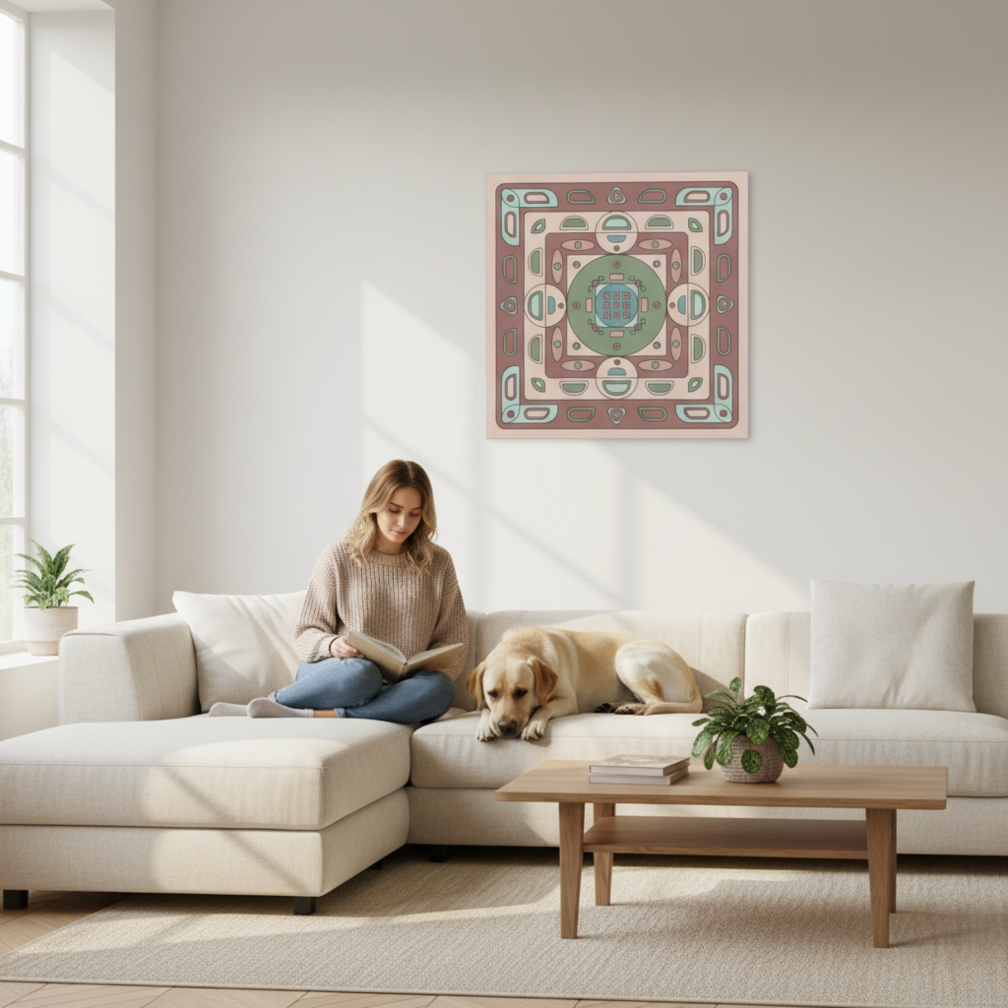 Geometric pink mauve canvas print in living room with woman and Labrador, 16x16