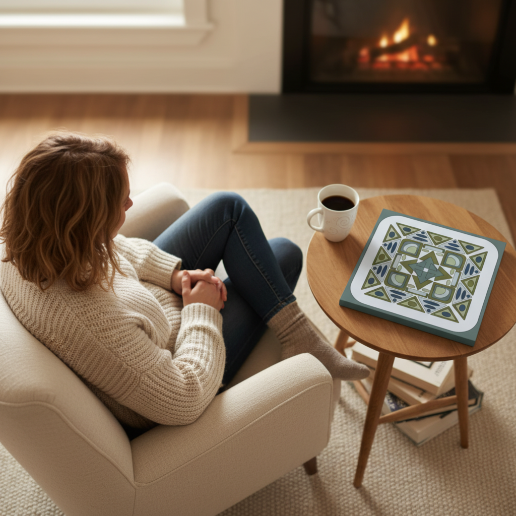 Woman sitting on a couch in front of a fireplace with a cup of coffee and a decorative plate on a small table.