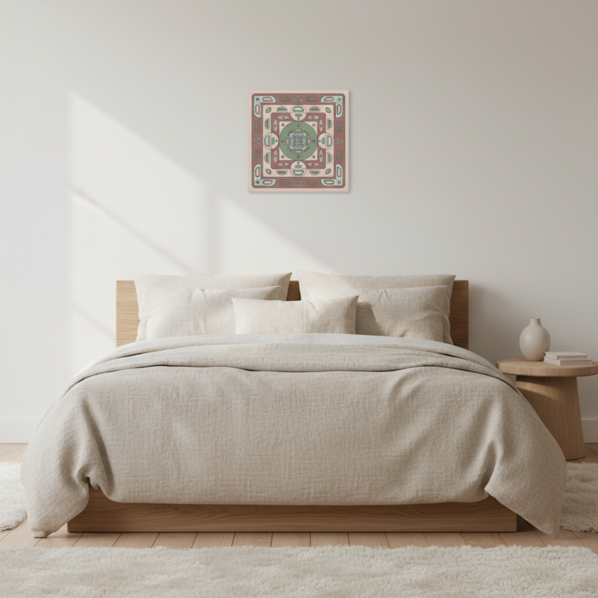 Geometric pink mauve canvas print in bedroom, 16x16