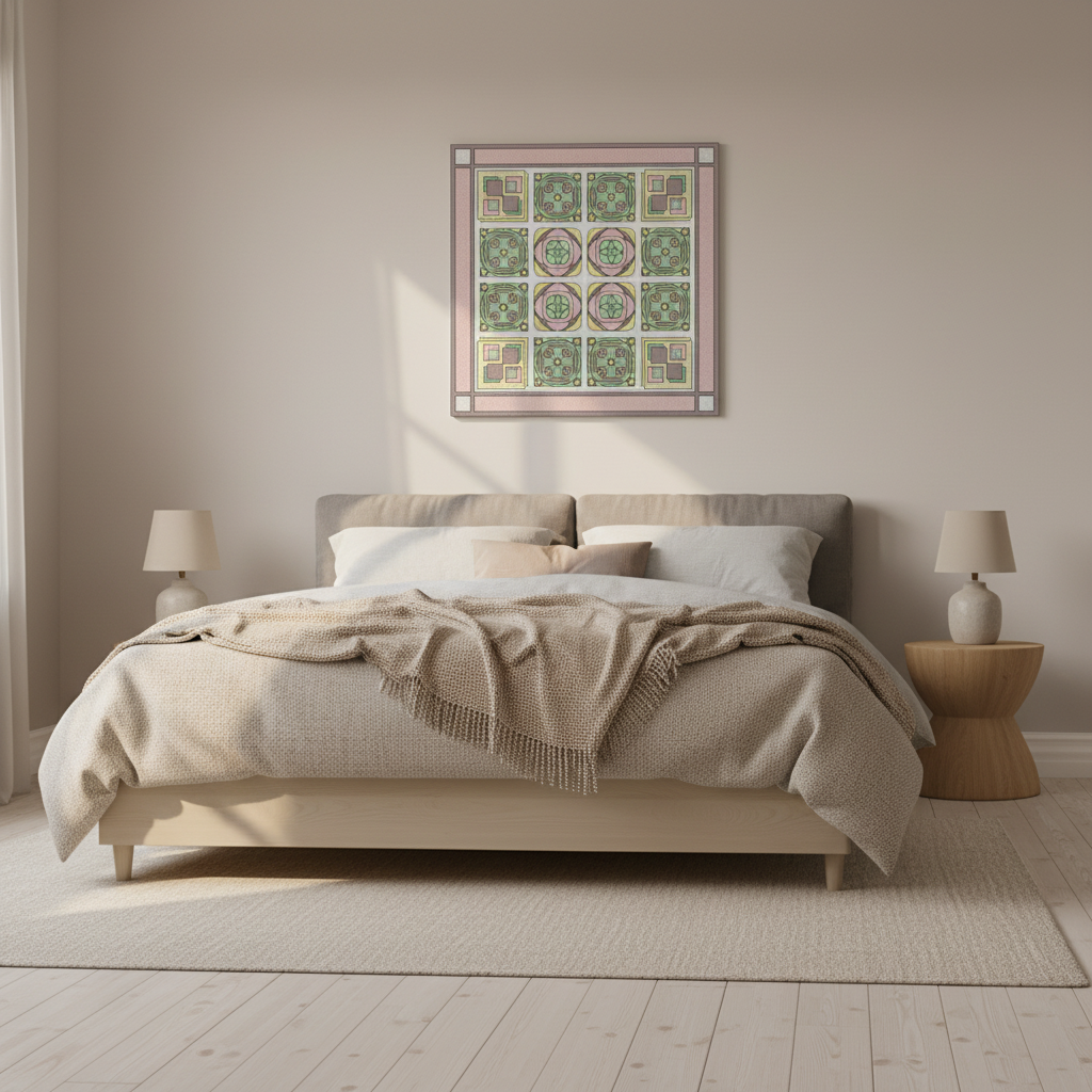 Geometric floral tile canvas print in bedroom
