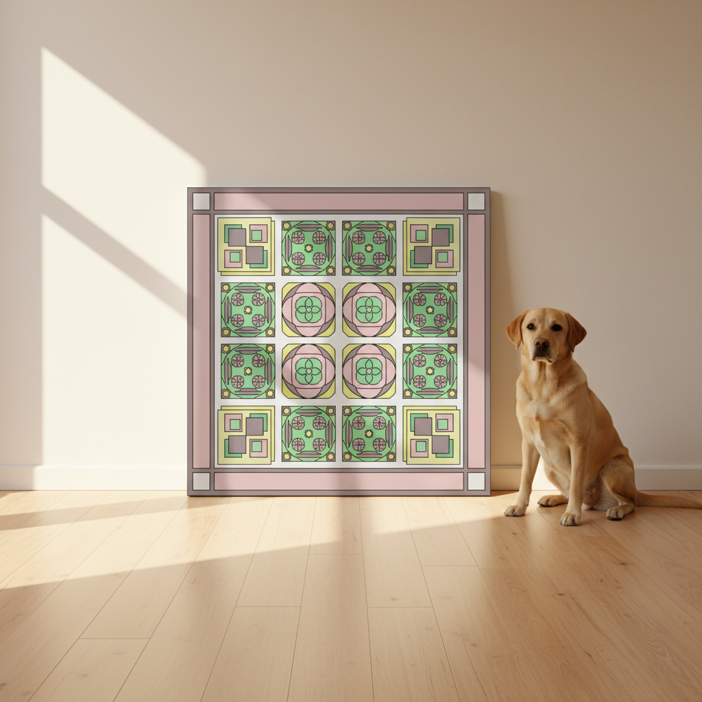 Geometric floral tile canvas print leaning against wall with Labrador dog in morning light