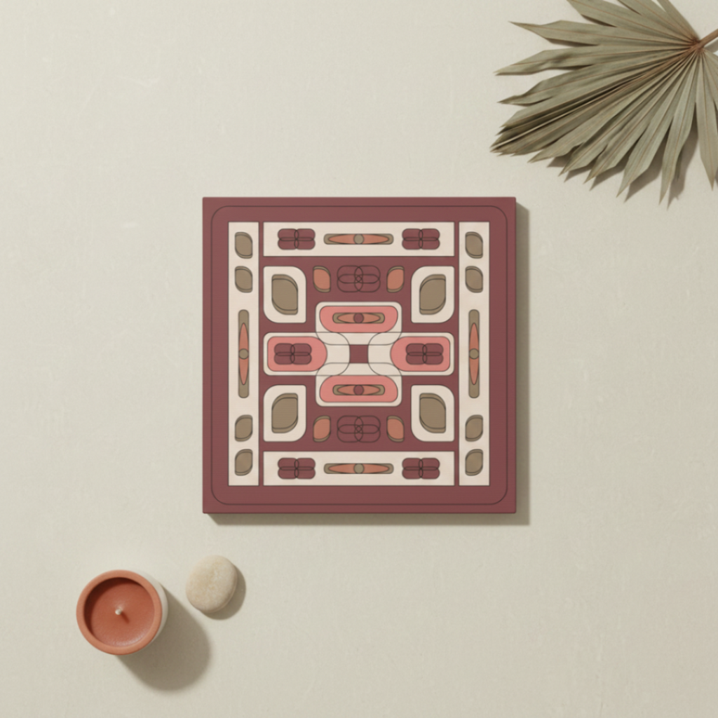 Retro geometric canvas print flat lay with decorative objects
