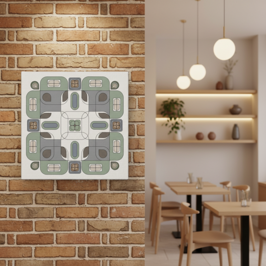 Sage green geometric canvas print on a brick wall in a cozy cafe interior with warm lighting