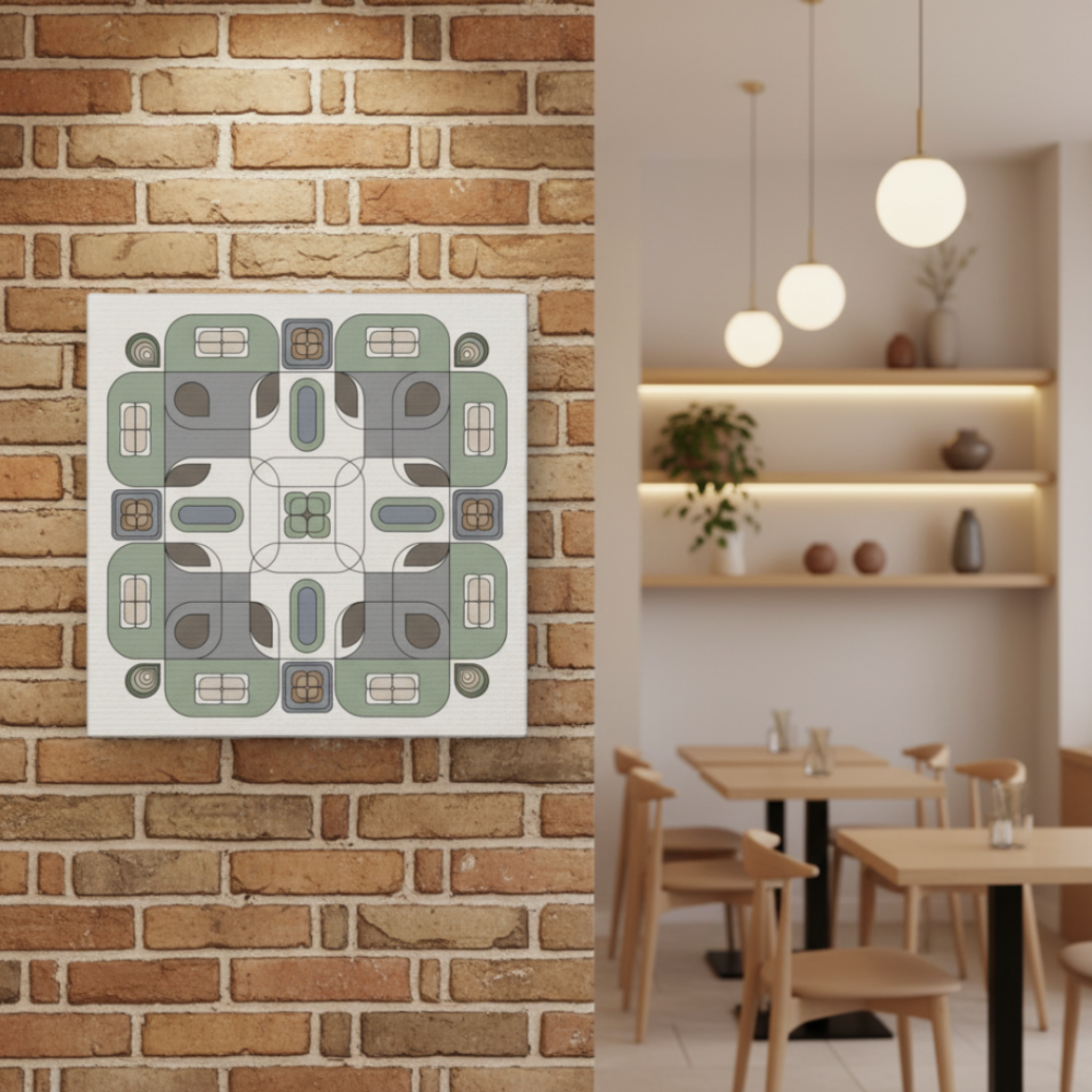 Sage green geometric canvas print on a brick wall in a cozy cafe interior with warm lighting