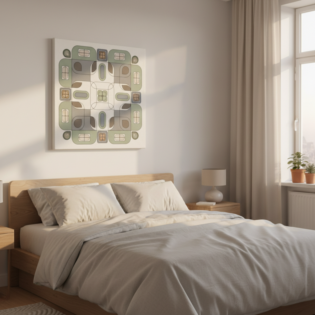 Sage green geometric canvas print above a bed in a bright Scandinavian bedroom with natural light