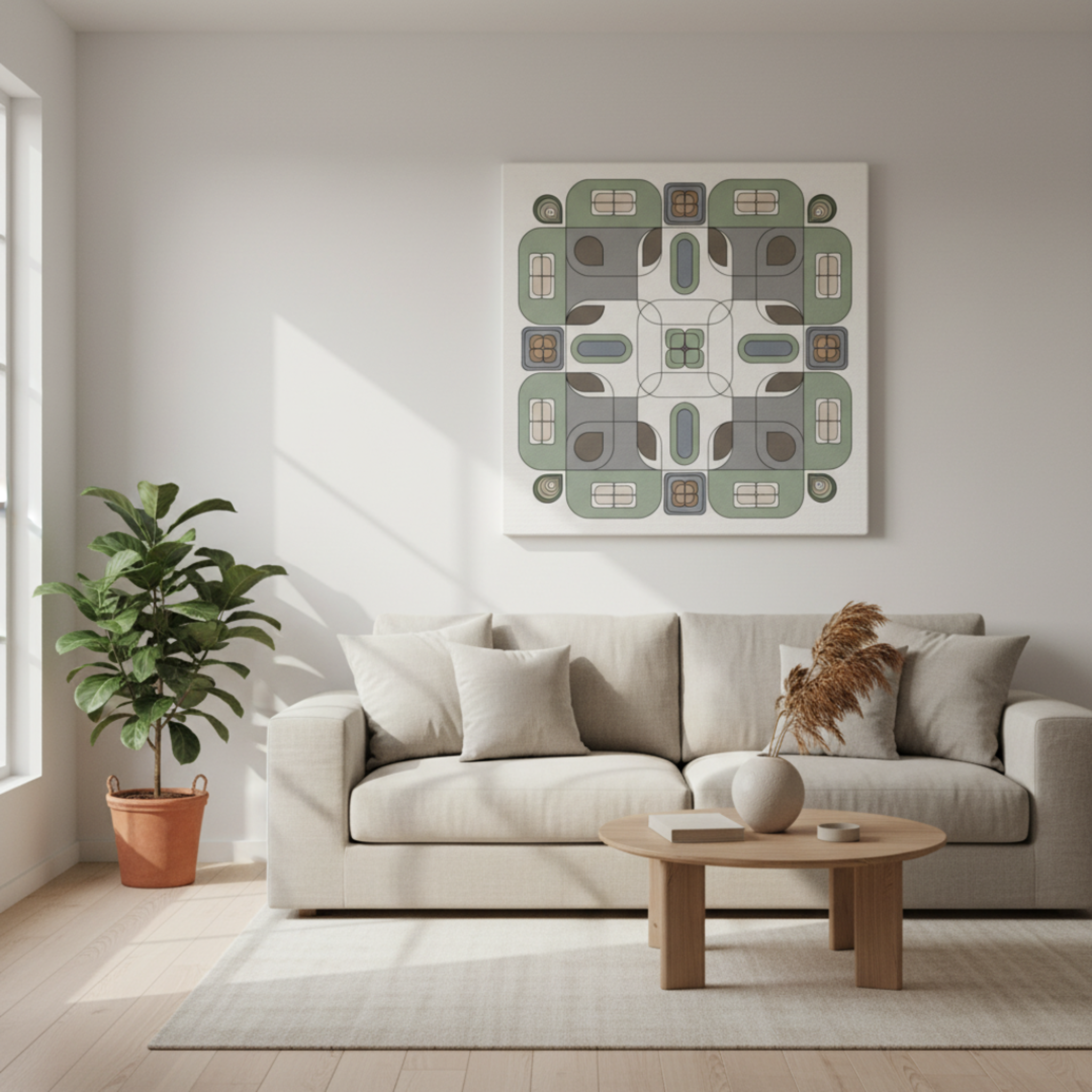 Sage green geometric canvas print above a minimalist sofa in a bright Scandinavian living room with indoor plants
