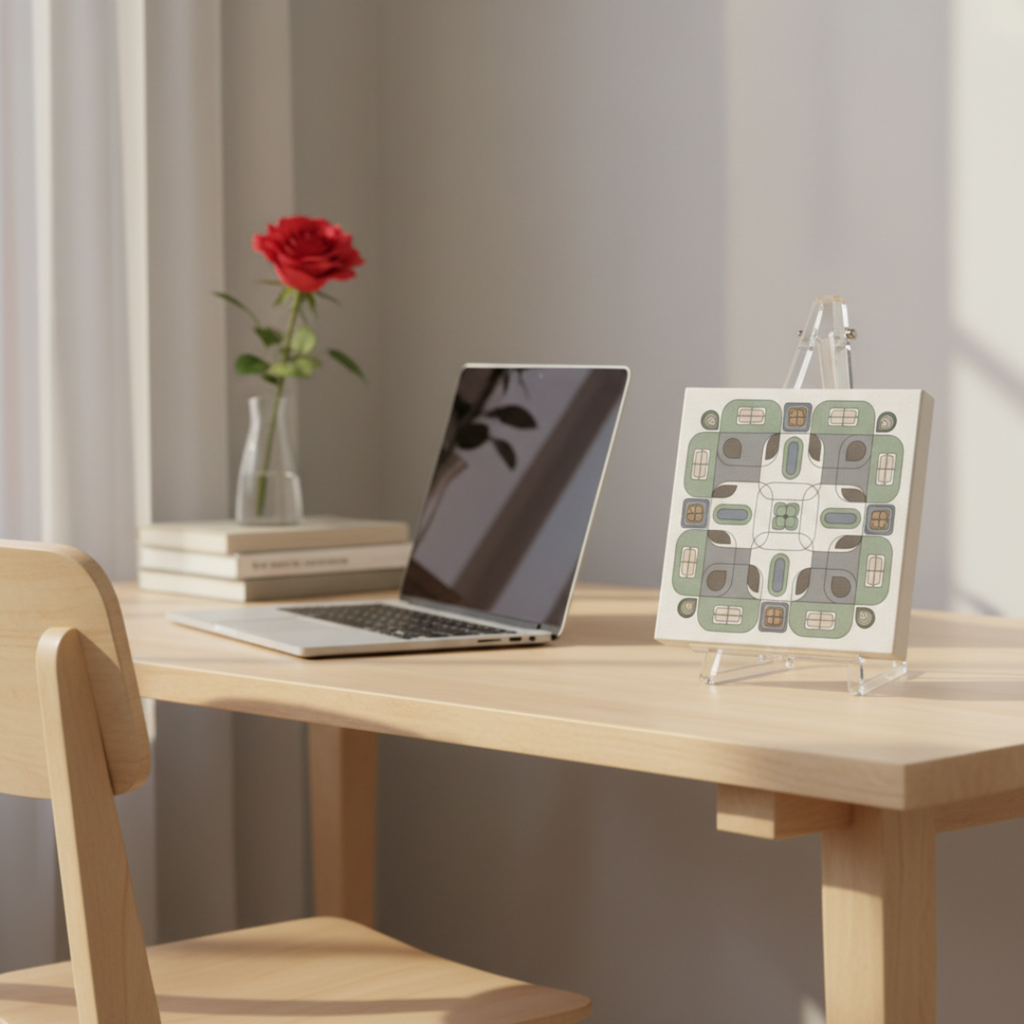 Small sage green geometric canvas print on a wooden desk with a laptop, rose and books in a home office